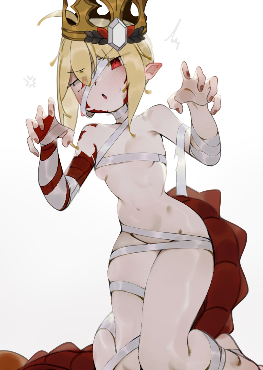 1girl absurdres ahoge bandages bare_shoulders blonde_hair blush braid breasts crown deko_morii dragon_tail facial_mark fate/grand_order fate_(series) hair_bun hair_intakes hair_ribbon highres kneeling looking_at_viewer medium_hair naked_bandage navel nero_claudius_(fate) open_mouth pointy_ears queen_draco_(fate) red_eyes red_ribbon ribbon scales small_breasts solo tail