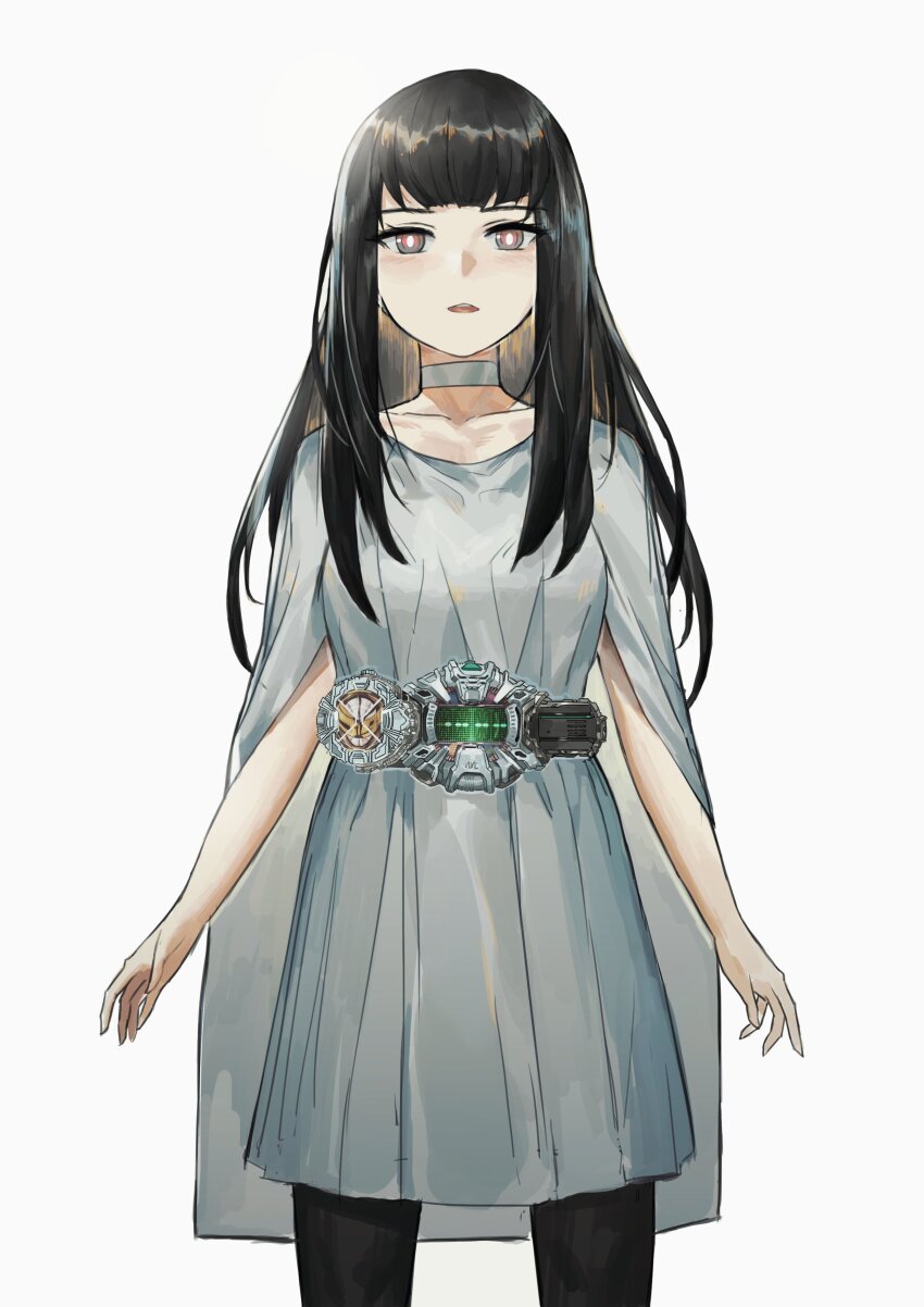 1girl absurdres black_hair blunt_bangs breasts brown_pantyhose cape choker commentary_request covered_navel cropped_legs dahe_z dress rider_belt highres kamen_rider kamen_rider_zi-o_(series) legs_together long_hair looking_at_viewer mole mole_under_eye pantyhose purple_eyes short_dress simple_background small_breasts solo straight_hair tokusatsu tsukuyomi_(zi-o) white_background white_cape white_choker ziku_driver