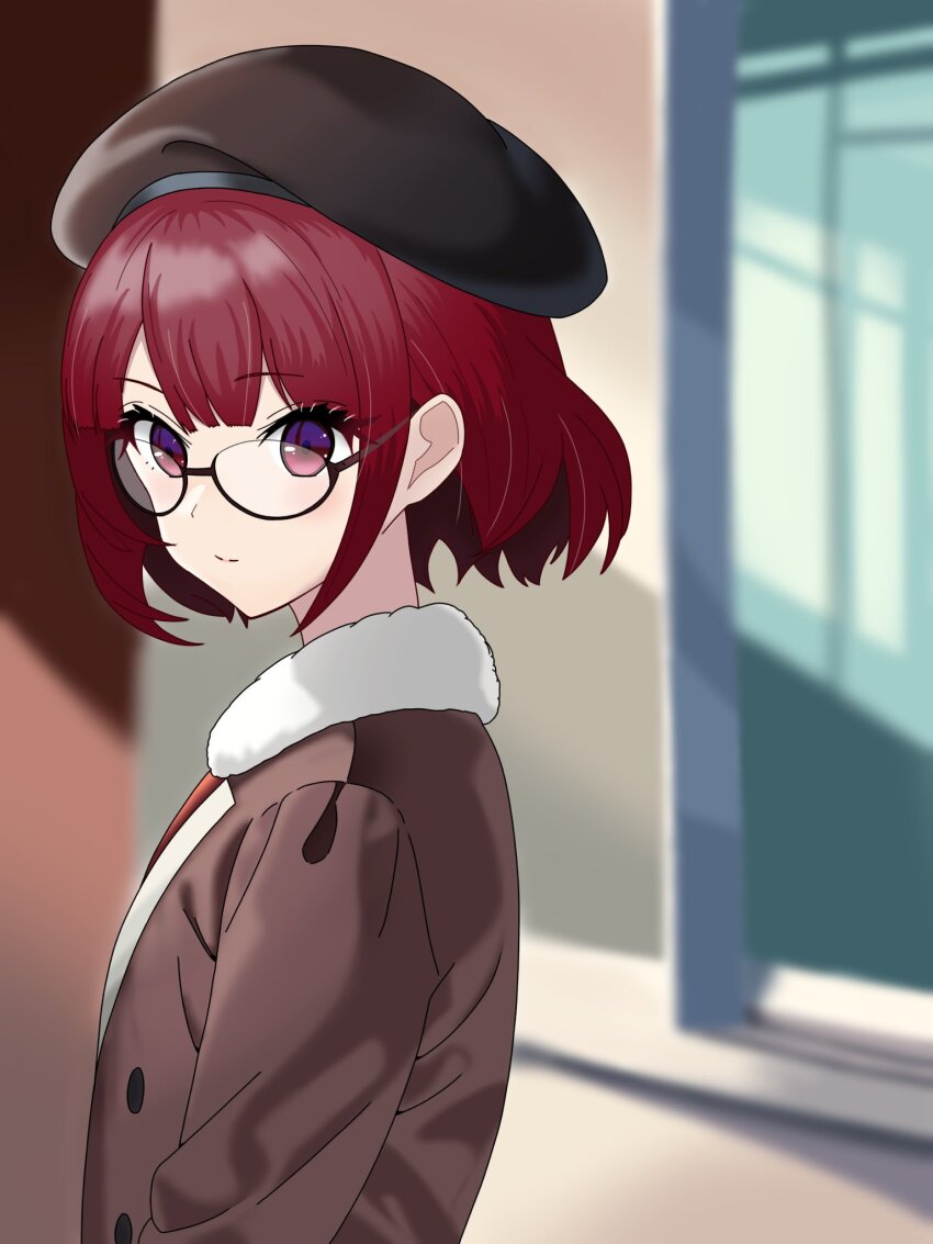 1girl arima_kana beret bob_cut bokutaaaa brown_hat brown_jacket closed_mouth glasses hat highres inverted_bob jacket looking_at_viewer oshi_no_ko red_eyes red_hair short_hair solo upper_body