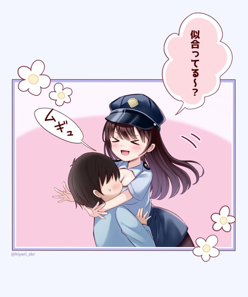 &gt;_&lt; 1boy 1girl black_pantyhose blue_shirt blue_skirt blush breasts brown_eyes brown_hair cleavage cleavage_cutout closed_eyes clothing_cutout flower hair_between_eyes halloween halloween_costume hat highres holding hug large_breasts long_hair long_sleeves looking_at_viewer open_mouth original pantyhose pencil_skirt police police_hat police_uniform policewoman sakura_hiyori shirt short_hair short_sleeves skirt smile speech_bubble sweatdrop
