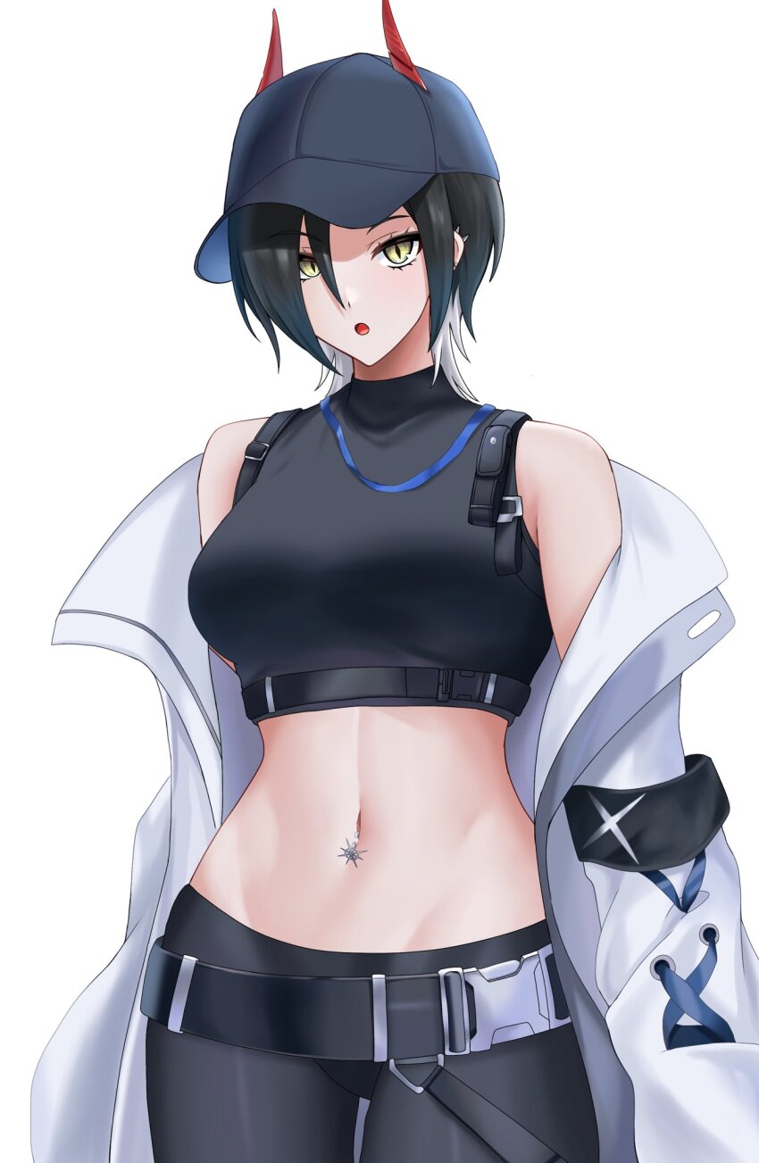 1girl alternate_costume arm_behind_back azur_lane banba_(jakqbigone) bare_shoulders belt black_hair black_headwear black_pants blue_archive breasts clothes_pull coat cosplay crop_top ear_piercing earrings highres horns horns_through_headwear jacket jacket_pull jewelry looking_at_viewer medium_breasts medium_hair multicolored_hair navel navel_piercing off_shoulder open_mouth pants piercing saori_(blue_archive) saori_(blue_archive)_(cosplay) short_hair simple_background slit_pupils solo two-tone_hair ulrich_von_hutten_(azur_lane) white_background white_coat white_hair yellow_eyes
