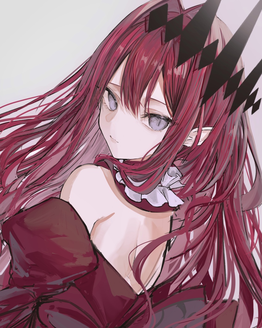 1girl absurdres baobhan_sith_(fate) baobhan_sith_(first_ascension)_(fate) detached_sleeves dress fate/grand_order fate_(series) grey_eyes hair_ornament highres long_hair looking_at_viewer looking_to_the_side pink_hair pointy_ears red_dress sidelocks solo upper_body white_background yagi_(yagi5art)