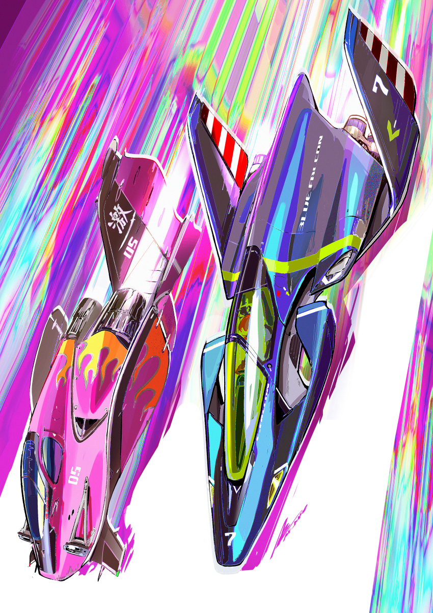 absurdres afukuro blue_falcon canopy_(aircraft) f-zero fire_stingray from_above highres hover_vehicle motion_lines nintendo no_humans race_vehicle racing science_fiction thrusters vehicle_focus