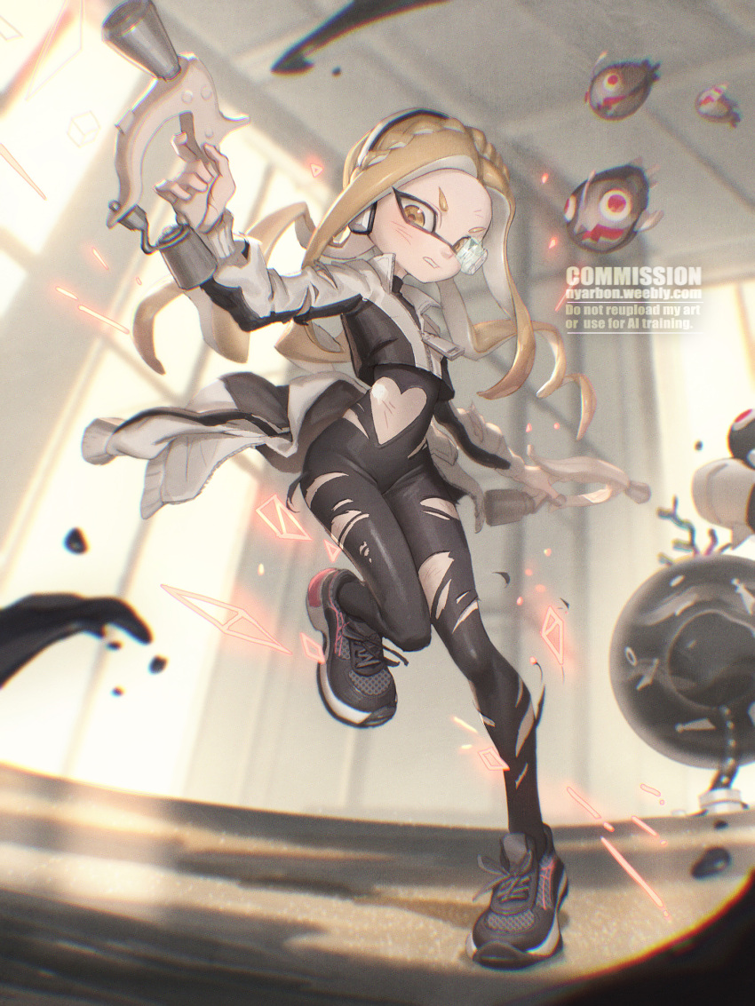 1girl biahnyang black_bodysuit black_jacket black_shoes blonde_hair bodysuit braid clenched_teeth clothing_cutout commentary commission cropped_jacket crown_braid dual_wielding english_commentary full_body headphones heart_cutout highres holding holding_weapon homing_arpeggio inkling inkling_girl inkling_player_character jacket jelleton long_hair long_sleeves multicolored_jacket nintendo order_dualies_(splatoon) parted_bangs shoes sneakers solo splatoon_(series) splatoon_3 splatoon_3:_side_order standing standing_on_one_leg teeth tentacle_hair torn_bodysuit torn_clothes torn_jacket two-tone_jacket watermark weapon whirling_accelerando white_jacket wide_hips yellow_eyes zipper_pull_tab