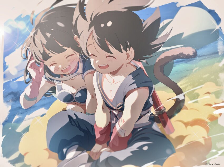 1boy 1girl armor bikini_armor black_hair breasts chi-chi_(dragon_ball) chinese_clothes cleavage closed_eyes cloud commentary_request dragon_ball dragon_ball_(classic) flying_nimbus gloves highres indian_style long_hair medium_breasts monkey_tail no_headwear pink_gloves roku_(roku_0141) ruyi_jingu_bang signature sitting son_goku tail teeth twitter_username upper_teeth_only