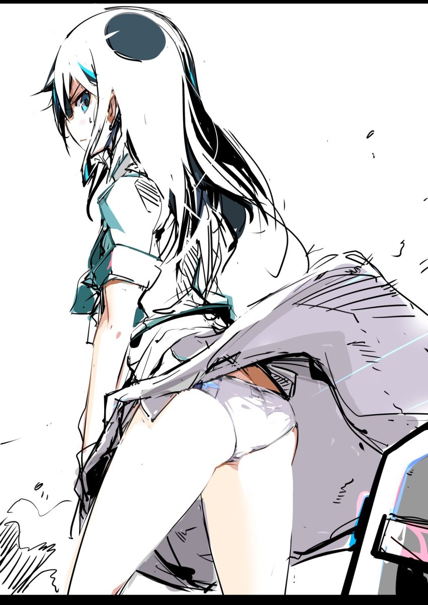 1girl alice_gear_aegis ass blue_eyes blue_hair blue_sweater closed_mouth commentary_request highres koashi_mutsumi looking_back panties solo sweat sweater underwear upskirt white_background white_panties yoto_(rinlin2)
