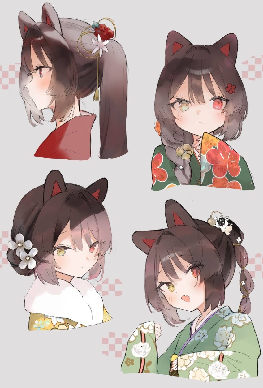 1girl alternate_costume animal_ears bad_id blush braid braided_ponytail brown_hair dog_ears embarrassed floral_print floral_print_kimono flower fur_scarf green_kimono grey_background hair_bun hair_flower hair_ornament heterochromia highres inactive_account inui_toko japanese_clothes kimono long_hair multi-tied_hair multiple_views nijisanji nyaon_(nyaonnyaon011) ponytail print_kimono red_eyes red_kimono single_hair_bun sleeves_past_wrists virtual_youtuber wide_sleeves yellow_eyes yellow_kimono