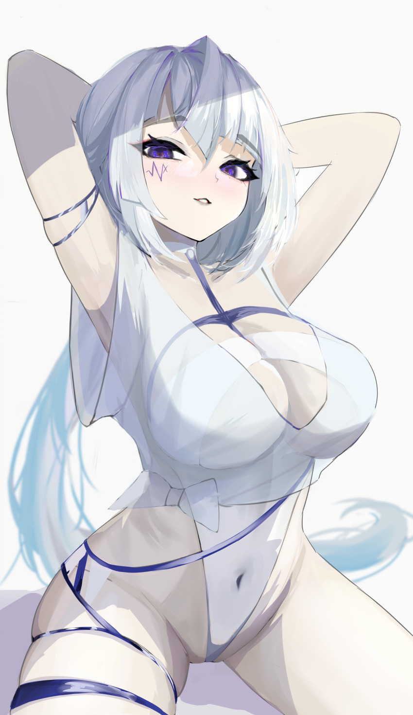 1girl absurdres alchemy_stars armlet armpits arms_behind_head asymmetrical_bangs asymmetrical_hair azure_(alchemy_stars) blue_eyes bow breasts choker cleavage collarbone facial_mark gluteal_fold hands_up he_yue highleg highres jewelry large_breasts legs_apart long_hair looking_at_viewer navel on_floor parted_lips revealing_clothes sidelocks simple_background sitting smile solo teeth thick_thighs thigh_strap thighs white_background white_hair