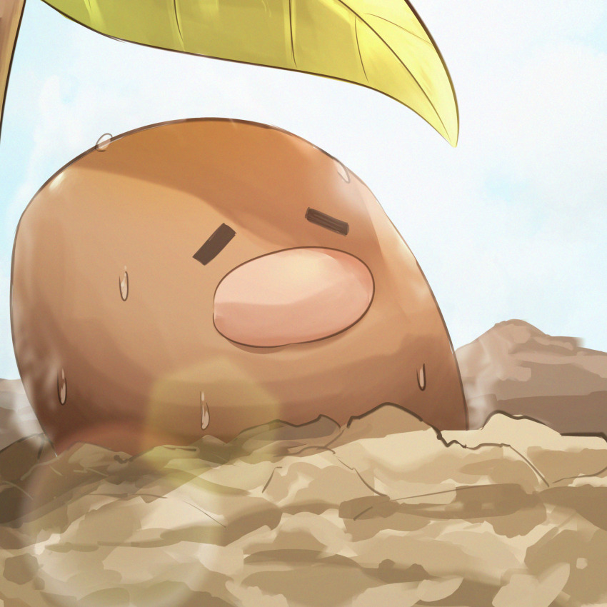 absurdres brown_fur day diglett dirt gen_1_pokemon highres leaf nintendo no_humans outdoors pokemon pokemon_(creature) solo spicyichizo sweat
