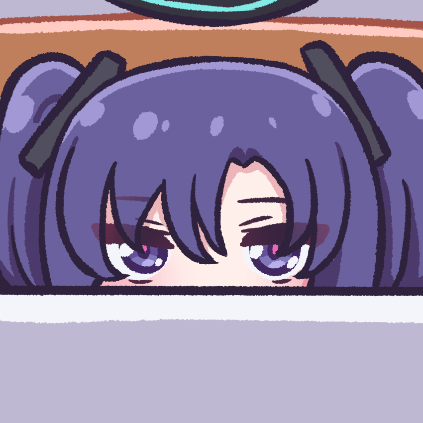 1girl absurdres black_halo blue_archive close-up hair_ornament halo highres looking_at_viewer panatisia parted_bangs peeking_out photo-referenced purple_eyes purple_hair solo two_side_up yuuka_(blue_archive)