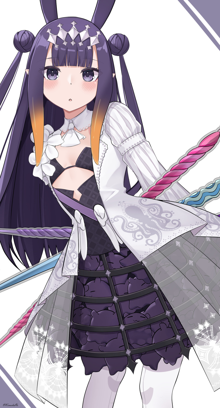 1girl absurdres ascot breasts diamond_hairband double_bun dress gradient_hair grey_hairband hair_bun hairband highres hololive hololive_english kanadeho long_hair looking_at_viewer multicolored_hair ninomae_ina&#039;nis ninomae_ina&#039;nis_(ina_the_hero) official_alternate_costume official_alternate_hairstyle open_mouth orange_hair pointy_ears purple_eyes purple_hair small_breasts solo tentacle_hair twintails_with_hair_base virtual_youtuber white_ascot white_dress