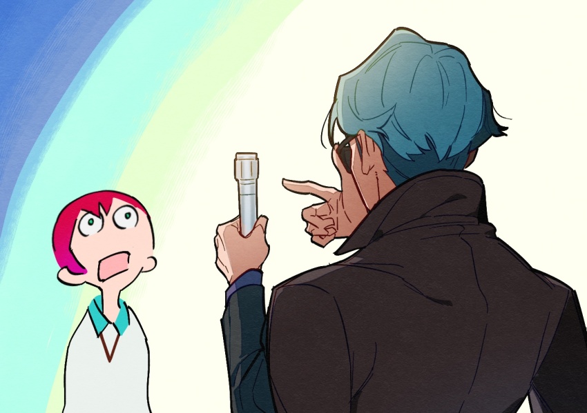 1boy 1girl amate_yuzuriha challia_bull collared_shirt commentary_request deformed green_eyes green_hair gundam gundam_gquuuuuux holding jacket long_sleeves men_in_black neuralyzer open_mouth parody red_hair sa1korokorokoro scene_reference school_uniform shirt short_hair sunglasses sweater wide-eyed