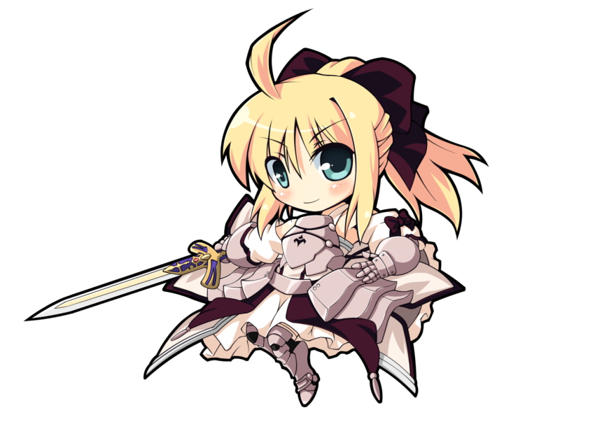 1girl ahoge armor armored_dress artoria_pendragon_(fate) bare_shoulders blonde_hair caliburn_(fate) capcom chibi detached_sleeves dress fate/stay_night fate/unlimited_codes fate_(series) female_focus gauntlets grafity7 greaves green_eyes hair_ribbon ribbon saber_(fate) saber_lily smile solo sword take_tonbo type-moon updo weapon