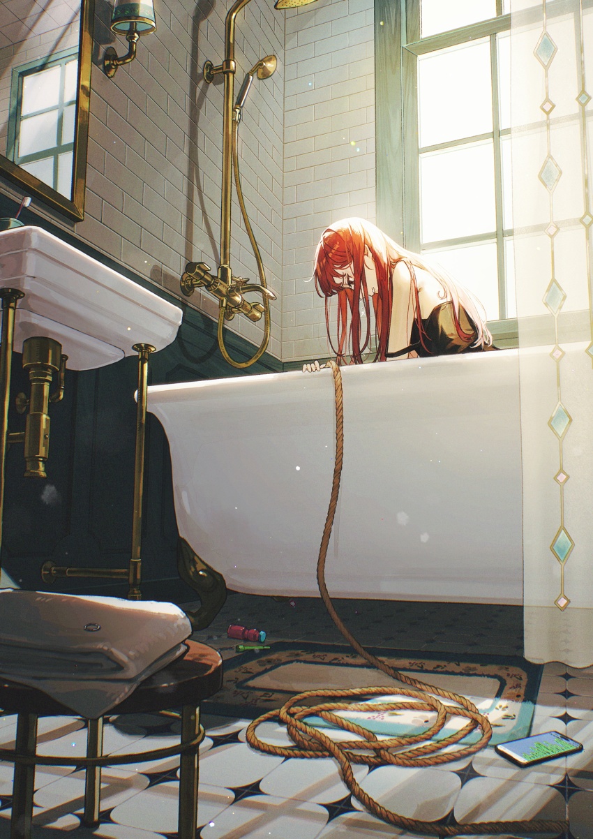 1girl absurdres bare_shoulders bath_stool bathroom bathtub black_camisole camisole cellphone clenched_teeth commentary_request cup curtains faucet folded from_below highres industrial_pipe jewelry kotobuki_nashiko lamp long_hair looking_down mat mirror original phone red_hair reflection ring rope shower_head sink smartphone solo stool teeth tile_floor tile_wall tiles toothbrush window