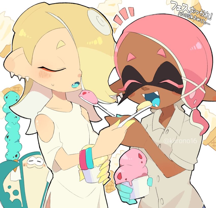 1boy 2girls alternate_color big_man_(splatoon) blonde_hair bracelet fangs feeding food food_focus fruit frye_(splatoon) highres holding holding_food holding_ice_cream holding_ice_cream_cone holding_spoon ice_cream ice_cream_cone inkling jewelry kiirono manta_ray mint_chocolate multiple_bracelets multiple_girls mutual_feeding nintendo octoling official_alternate_costume pink_hair shiver_(splatoon) splatoon_(series) splatoon_3 spoon strawberry vanilla white_background yuri