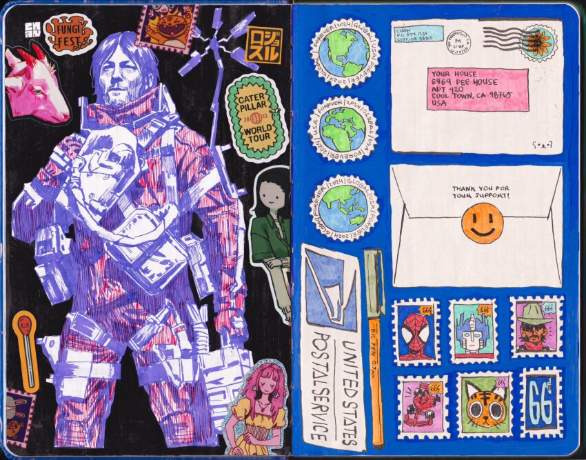 chan_(flesh.png) character_request chibi copyright_request death_stranding english_text flower globe highres mail marceline_abadeer marvel matches optimus_prime pen postage_stamp red_dead_redemption_(series) sam_porter_bridges smile smiley_face spider-man spider-man_(series) spider-verse sticker tiger transformers
