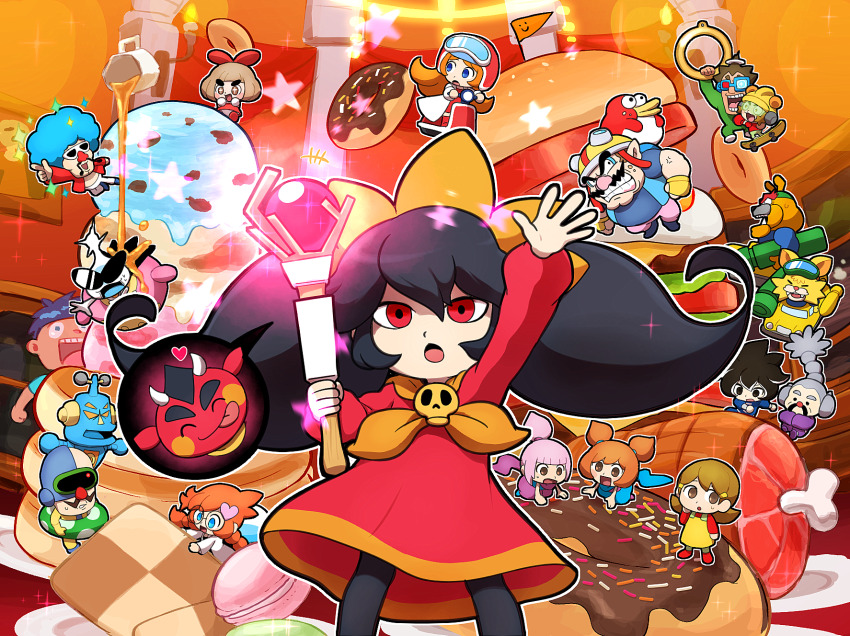 18-volt 5-volt 6+boys 6+girls 9-volt alien ana_(warioware) ashley_(warioware) black_hair blue_hair bow brown_hair burger coat demon double_bun donut dr._crygor dress dribble_(warioware) facial_hair food hair_bow hair_bun hair_ornament heart heart_hair_ornament helmet highres holding holding_wand hoshi_(star-name2000) ice_cream jimmy_t kat_(warioware) lulu_(warioware) master_mantis mike_(warioware) mona_(warioware) multiple_boys multiple_girls mustache nintendo orange_hair orbulon penny_crygor pyoro_(warioware) red_(warioware) red_dress red_eyes robot skull_ornament spitz sunglasses twintails wand wario warioware warioware:_get_it_together! white_coat young_cricket