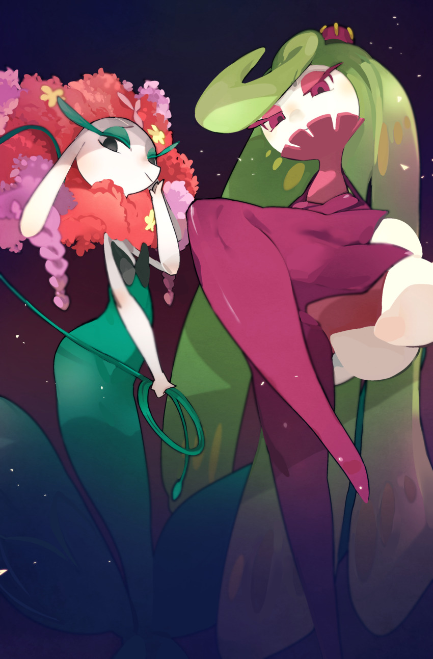 2girls big_hair black_eyes blurry blush boots closed_mouth colored_skin crossed_arms depth_of_field female_focus flat_chest florges florges_(red_flower) flower from_below gen_6_pokemon gen_7_pokemon gradient_background green_hair green_skin hair_flower hair_ornament half-closed_eyes hand_to_own_mouth happy holding idkuroi leg_up legs light_blush light_particles long_hair looking_at_viewer looking_down monster_girl multicolored_hair multicolored_skin multiple_girls nintendo nose_blush pink_flower pink_hair plant plant_girl pokemon pokemon_(creature) purple_eyes purple_footwear purple_skin raised_eyebrows red_background red_hair simple_background smile smug standing standing_on_one_leg swept_bangs thigh_boots tsareena two-tone_hair two-tone_skin very_long_hair vines white_skin yellow_flower