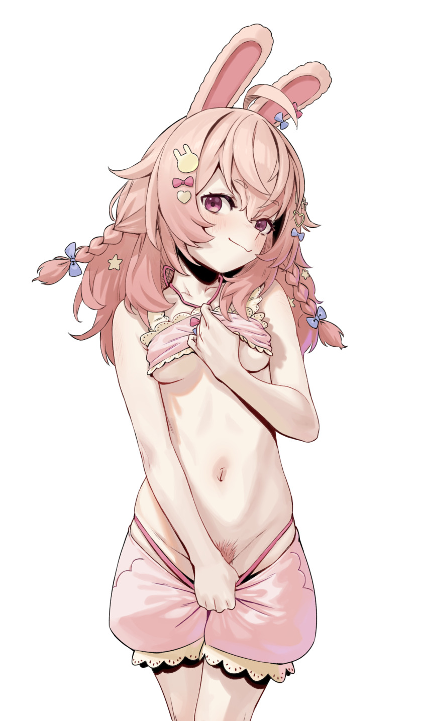 1girl agemmata ahoge animal_ears bandeau bare_shoulders blue_background bow braid breasts clothes_pull collarbone colored_pubic_hair commentary cowboy_shot english_commentary female_pubic_hair frilled_bandeau frilled_shorts frills hair_between_eyes hair_bow hair_ornament hairclip heart heart_background heart_hair_ornament highres long_hair looking_at_viewer medium_breasts navel outline phase_connect pink_bandeau pink_hair pink_pubic_hair pink_shorts pipkin_pippa pipkin_pippa_(1st_costume) pubic_hair pubic_hair_peek rabbit_ears rabbit_girl rabbit_hair_ornament red_eyes revision shorts shorts_pull simple_background smile solo star_(symbol) star_hair_ornament stomach transparent_background twin_braids underboob virtual_youtuber white_outline