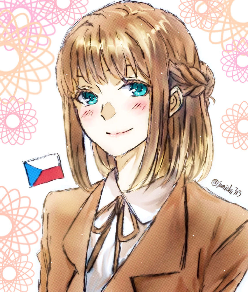 1girl axis_powers_hetalia bad_id bad_pixiv_id blue_eyes blush braid brown_hair brown_ribbon collared_shirt czech_flag czech_republic_(hetalia) female_focus half_up_braid highres jun_(j_u_n0) jun_(junichi) ribbon shirt short_hair simple_background smile solo twitter_username
