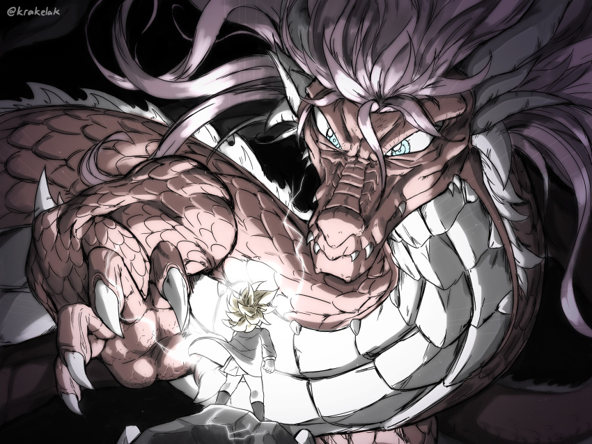 1girl absurdres animal_focus animalization black_background black_socks blonde_hair blue_eyes closed_mouth commentary dragon dragon_ball dragonball_z eastern_dragon glowing highres jacket krakelak lightning long_hair long_sleeves love_live! love_live!_nijigasaki_high_school_idol_club mia_taylor miniskirt nijigasaki_school_uniform pink_hair pleated_skirt school_uniform shenron_(dragon_ball) short_hair simple_background skirt socks spiked_hair standing super_saiyan twitter_username white_skirt winter_uniform zhong_lanzhu
