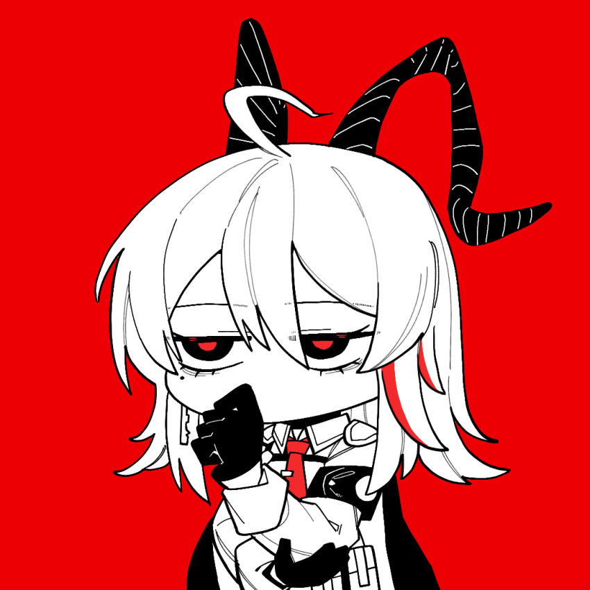 1girl ahoge armband bags_under_eyes chibi chibi_only collared_shirt commentary_request curled_horns earrings gloves hair_between_eyes horns jacket jacket_on_shoulders jewelry key_earrings korean_commentary long_hair mole mole_under_eye multicolored_hair necktie red_background red_necktie red_pupils shirt solo spot_color streaked_hair teeny_(nonzone) wuthering_waves zani_(wuthering_waves)