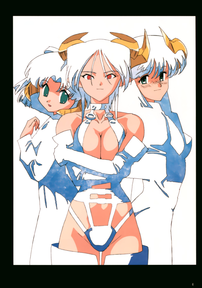 3girls aqua_eyes black_border border breasts carrera crossed_arms demon_girl demon_horns elbow_gloves gloves highres horns large_breasts limited_palette long_hair looking_at_viewer mercedes_(viper) multiple_girls no_pupils non-web_source official_art pointy_ears rati red_eyes short_hair standing viper_(series) viper_gts yellow_horns