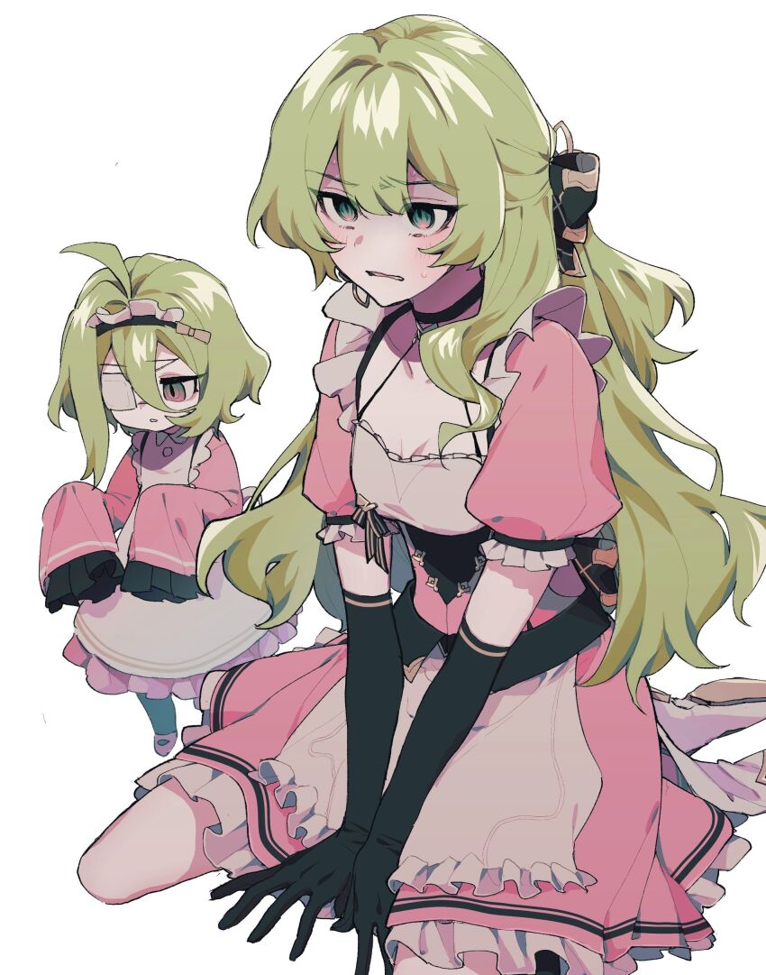 2girls absurdres ahoge apron black_gloves dress eyepatch gloves green_eyes green_hair hair_between_eyes highres honkai_(series) honkai_impact_3rd klein_(honkai_impact) long_hair mobius_(honkai_impact) mobius_(mobius_dressing)_(honkai_impact) mobius_(pre-surgery)_(honkai_impact) multiple_girls one_eye_covered pink_dress puffy_short_sleeves puffy_sleeves revision short_sleeves siibakun simple_background sitting sleeves_past_fingers sleeves_past_wrists standing white_apron white_background