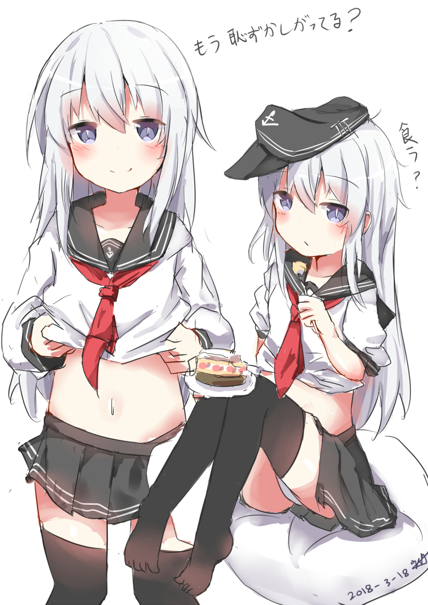 1girl anchor_symbol black_hat black_skirt black_thighhighs blouse blush cake closed_mouth clothes_lift commentary_request dreamsun flat_cap food hair_between_eyes hat hibiki_(kancolle) highres horosho kantai_collection lifting_own_clothes long_hair long_sleeves looking_at_viewer multiple_views navel neckerchief no_shoes panties plate pleated_skirt purple_eyes red_neckerchief school_uniform serafuku shirt shirt_lift silver_hair simple_background sitting sketch skirt smile thighhighs translation_request underwear very_long_hair white_background white_panties white_shirt