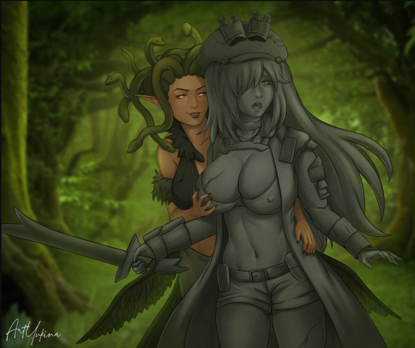 2girls bra breasts cleavage covered_erect_nipples grabbing_another&#039;s_breast grabbing_from_behind groping hair_over_one_eye hat large_breasts long_hair medusa_(mythology) multiple_girls navel nipples original petrification red_eyes scared semi-realistic short_pants snake_hair sword underwear weapon
