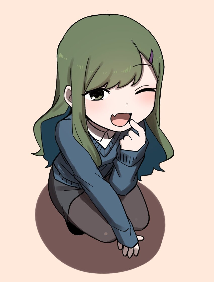 1girl blush fang green_eyes green_hair hair_ornament hairclip highres igarashi_futaba looking_at_viewer medium_hair one_eye_closed pantyhose senpai_ga_uzai_kouhai_no_hanashi shiromanta skirt solo squatting sweater