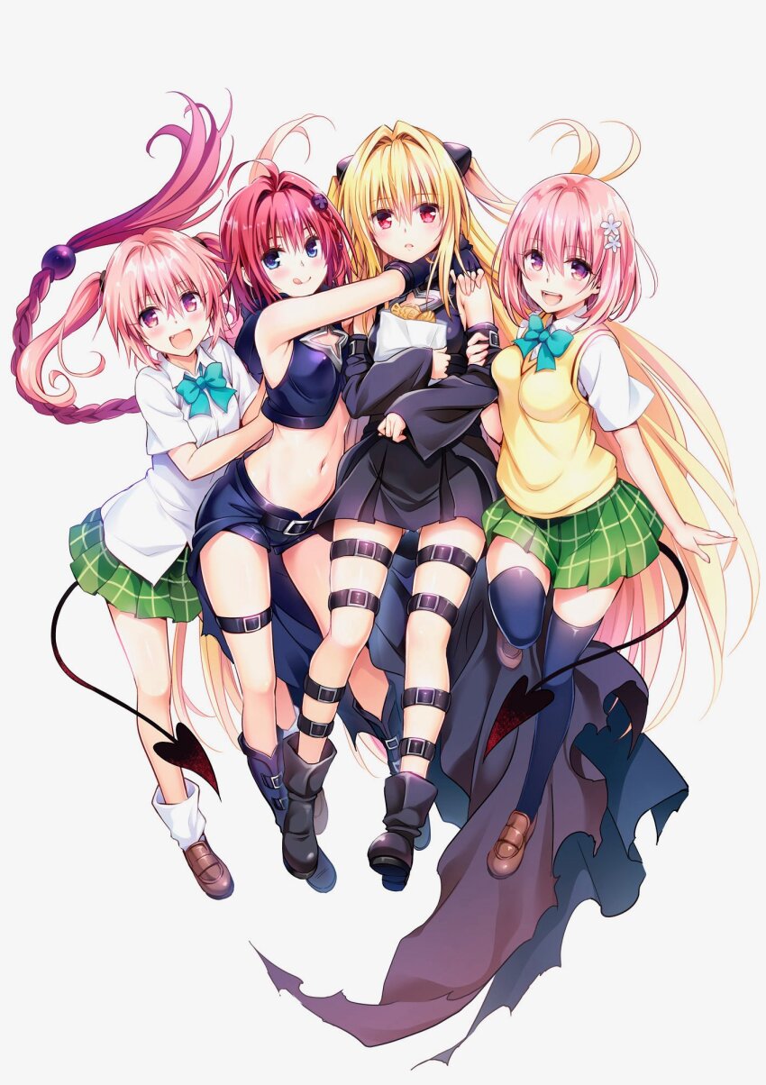 4girls black_dress black_thighhighs blonde_hair blue_eyes blush breasts crop_top demon_tail dress fang flower full_body gluteal_fold hair_flower hair_ornament happy highres konjiki_no_yami kurosaki_mea long_hair looking_at_viewer medium_breasts momo_velia_deviluke multiple_girls nana_asta_deviluke navel official_art open_mouth panties panty_peek pink_hair red_eyes school_uniform shirt shorts siblings simple_background sisters small_breasts smile stomach tail thighhighs thighs to_love-ru to_love-ru_darkness twins twintails underwear very_long_hair vest white_background white_shirt yabuki_kentarou yellow_vest
