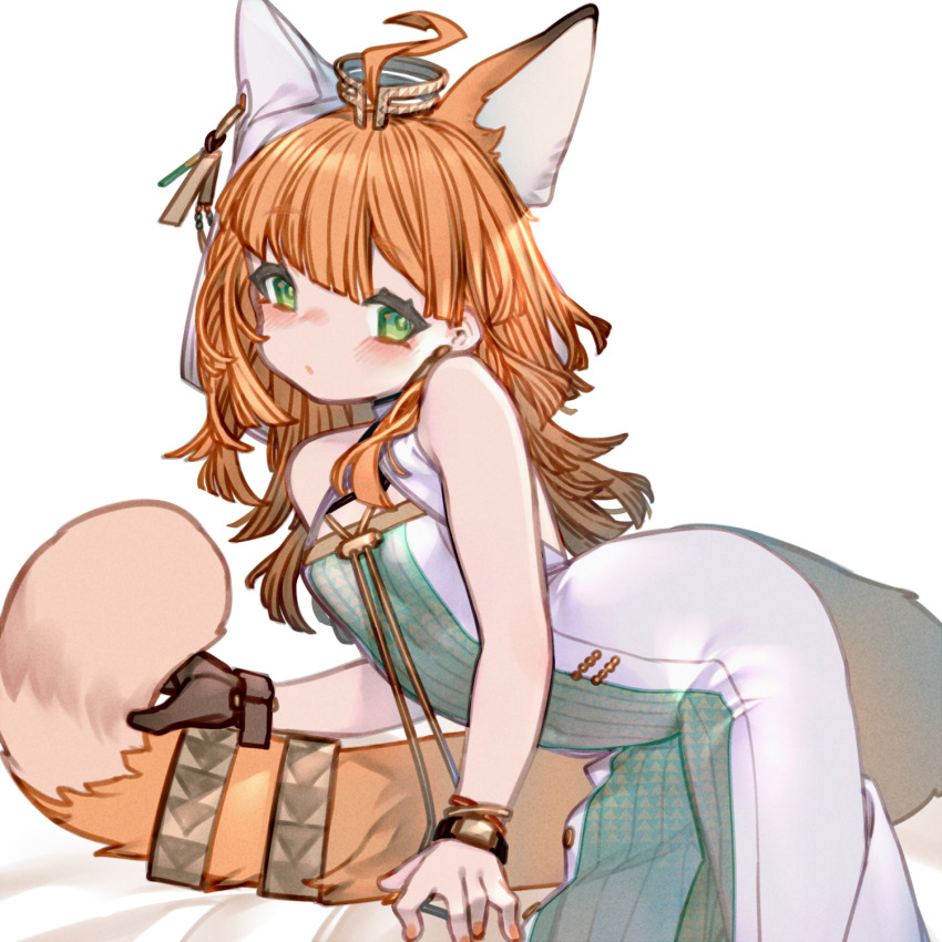 1girl animal_ears arknights black_gloves cat_ears cat_girl cat_tail dress gloves green_dress green_eyes highres kochiya_(gothope) long_hair looking_at_viewer orange_hair papyrus_(arknights) single_glove solo tail tail_ornament tail_ring two-tone_dress white_background white_dress