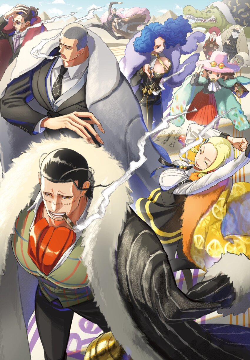 4girls 6+boys ^_^ absurdres arms_up ascot bananawani_(one_piece) black_bow black_bowtie black_hair black_suit blonde_hair blue_hair bon_clay bow bowtie buzz_cut cigar cigarette closed_eyes coat crocodile crocodile_(one_piece) crocodilian curly_hair daz_bones dog eyewear_on_headwear food_print formal_clothes from_above fruit_print fur-trimmed_coat fur_coat fur_trim galdino green_vest hair_slicked_back hat highres hook_hand lassiu lemon_print long_hair miss_goldenweek miss_merry_christmas miss_valentine mister_five_(one_piece) mister_four_(one_piece) multiple_boys multiple_girls one_piece orange_ascot paula_(one_piece) pink_hat pyramid_(structure) red_hair short_hair smile smoke stitched_face stitches suit sukehige twitter_username very_short_hair vest walking