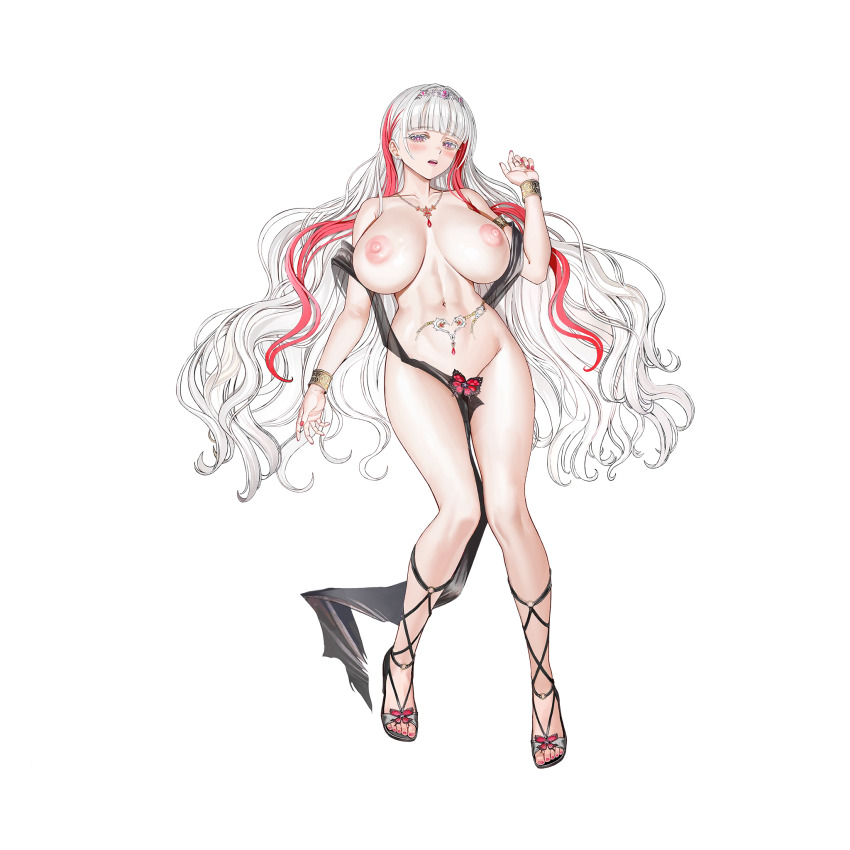 1girl abs armpit_crease belt black_dress blush bracelet breasts breasts_apart bright_pupils center_opening circlet clothing_aside collarbone colored_eyelashes cross-laced_sandals dress dress_aside eternity_(last_origin) full_body gem gold_armlet gold_bracelet gradient_eyes highres huge_breasts jewelry knees_together_feet_apart last_origin linea_alba lips long_dress long_hair looking_at_viewer lying multicolored_eyes multicolored_hair nail_polish navel necklace nipples non-web_source o-ring o-ring_footwear official_alternate_costume official_art on_back parted_lips pelvic_curtain purple_eyes purple_gemstone red_gemstone red_hair red_nails revealing_clothes see-through_clothes see-through_dress simple_background solo streaked_hair tachi-e taesi teeth toenail_polish toenails torn_belt torn_clothes torn_dress transparent_background two-tone_hair upper_teeth_only white_eyelashes white_hair white_pupils