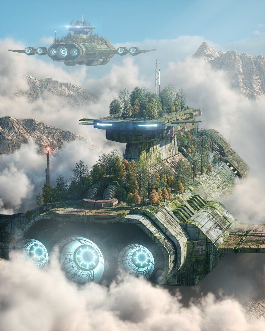 above_clouds absurdres aircraft airship annibale_siconolfi blue_eyes cloud commentary day english_commentary flying highres moss mountain no_humans original outdoors overgrown scenery science_fiction sky tree