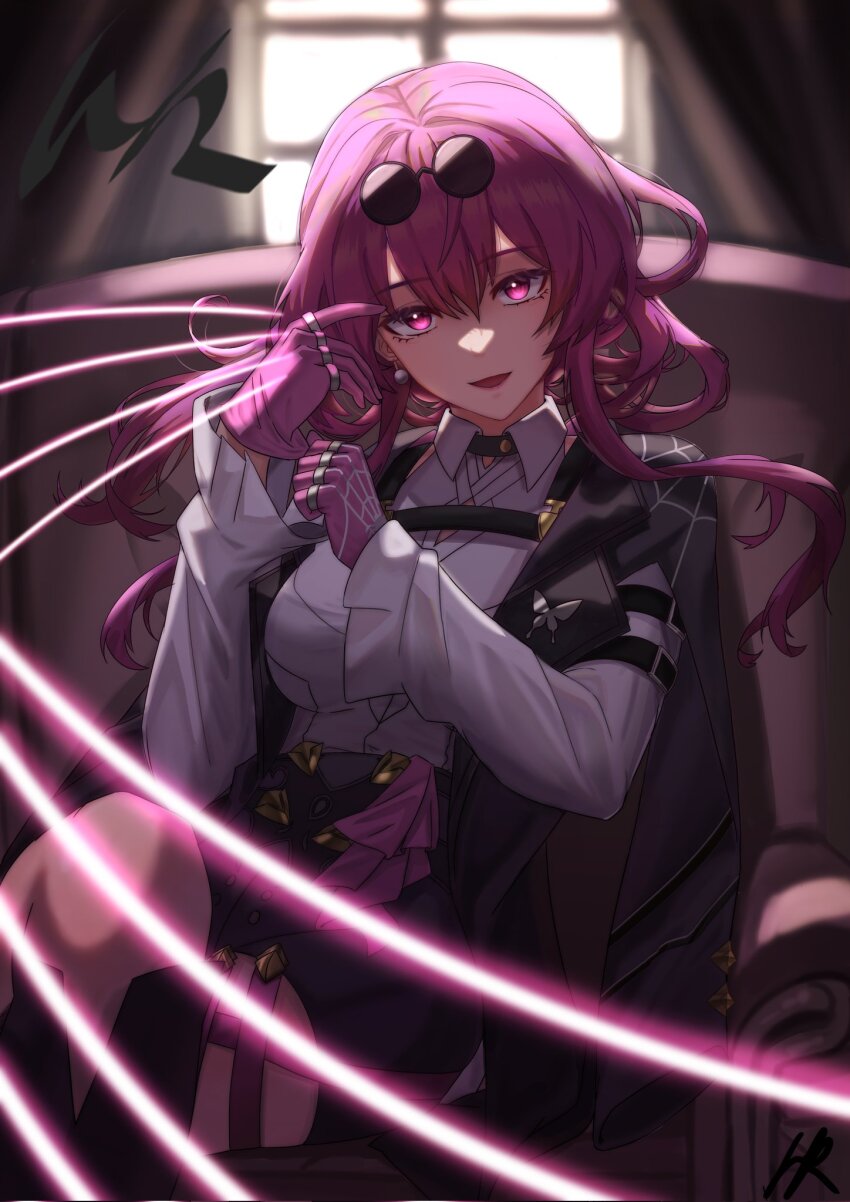 1girl black_jacket chest_harness collared_shirt commentary_request eyewear_on_head frilled_sleeves frills glasses gloves hair_between_eyes harness high-waist_shorts highres honkai:_star_rail honkai_(series) hwaryong jacket kafka_(honkai:_star_rail) long_hair long_sleeves looking_at_viewer open_clothes open_jacket pantyhose pince-nez purple_eyes purple_gloves purple_hair purple_pantyhose shirt shorts sitting smile solo spider_web_print upper_body white_shirt