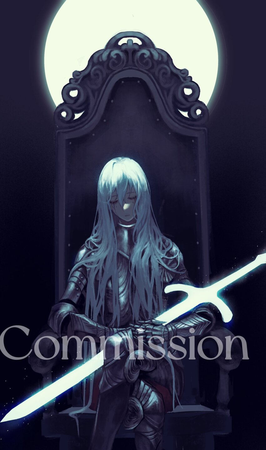 1girl arm_armor armor breastplate chair character_request closed_eyes closed_mouth commentary commission copyright_request crossed_legs english_commentary feet_out_of_frame full_armor gauntlets glowing glowing_sword glowing_weapon hair_between_eyes highres holding holding_sword holding_weapon knee_armor light_particles long_hair moon on_chair shoulder_armor sitting solo sword tworain_w very_long_hair watermark weapon white_hair