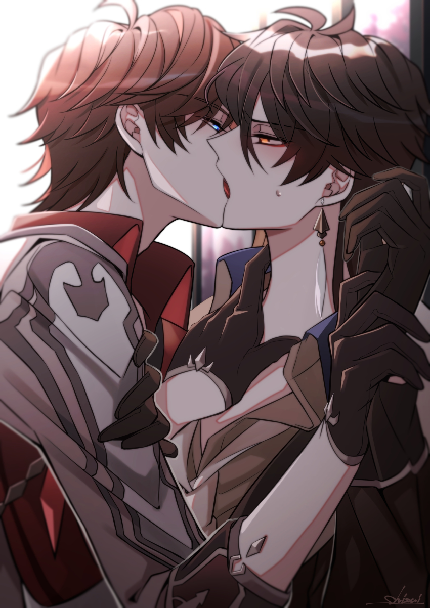 2boys absurdres black_hair zhongli_(genshin_impact) brown_hair earrings french_kiss genshin_impact gloves gradient_hair hair_between_eyes highres jewelry kiss long_hair long_sleeves multicolored_hair multiple_boys open_mouth orange_hair ponytail shisui53 tartaglia_(genshin_impact) yaoi yellow_eyes zhongli_(genshin_impact)