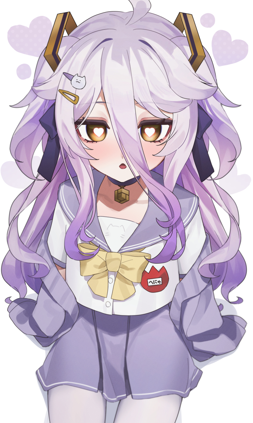 1girl absurdres ahoge blush choker d4kou16 gradient_hair grey_hair hair_between_eyes hair_ornament hair_ribbon hairpin heart heart-shaped_pupils henya_the_genius henya_the_genius_(school_uniform) henya_the_genius_(school_uniform) highres long_bangs long_hair looking_at_viewer multicolored_hair open_mouth pantyhose purple_choker purple_hair purple_ribbon purple_sailor_collar purple_skirt ribbon sailor_collar school_uniform serafuku shirt skirt solo symbol-shaped_pupils two_side_up very_long_hair virtual_youtuber vshojo white_pantyhose white_serafuku white_shirt yellow_eyes