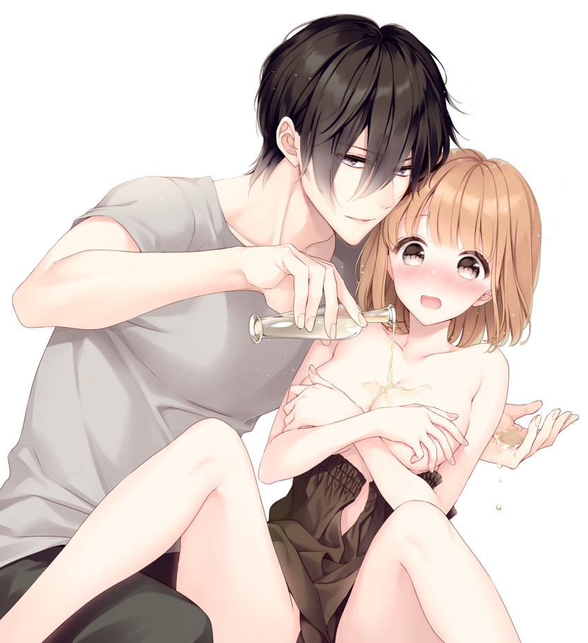1boy 1girl black_dress black_eyes black_hair blush breasts brown_eyes brown_hair cleavage collarbone couple covering_privates covering_breasts dress full-face_blush highres medium_breasts oil open_mouth original short_hair simple_background sitting strapless strapless_dress white_background yuka_(mischief)