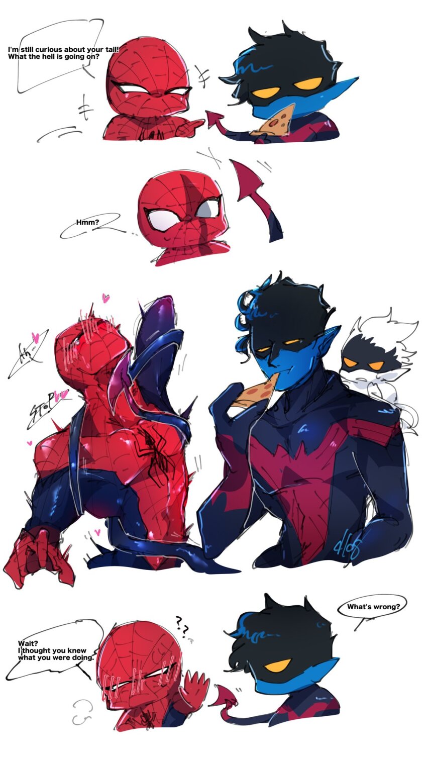 2boys blue_skin bodysuit chibi colored_skin dlog003166873 food highres male_focus marvel mask multiple_boys nightcrawler pizza red_bodysuit short_hair simple_background spider-man spider-man_(series) spider_web_print superhero_costume two-tone_bodysuit white_background x-men