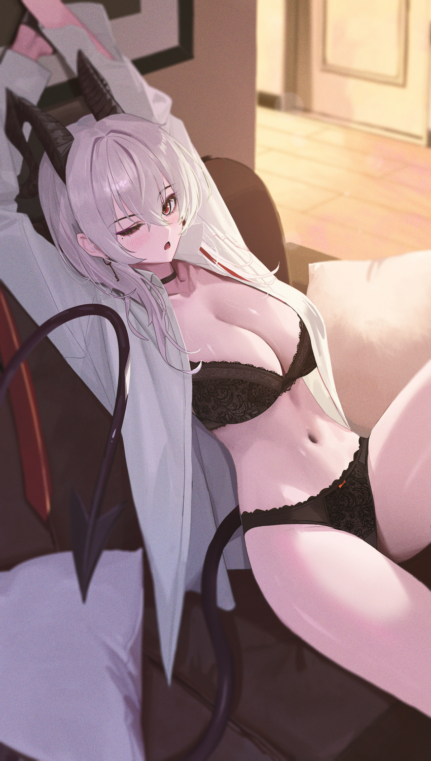 1girl absurdres arms_up black_bra black_choker black_horns black_panties black_tail blush bra breasts choker cleavage collarbone collared_shirt commentary couch curled_horns demon_tail earrings fieryonion grey_hair highres horns indoors jewelry key_earrings large_breasts long_hair looking_at_viewer mole mole_under_eye multicolored_hair navel on_couch one_eye_closed open_clothes open_mouth open_shirt panties red_eyes shirt sitting solo stomach streaked_hair stretching tail underwear white_shirt wuthering_waves zani_(wuthering_waves)