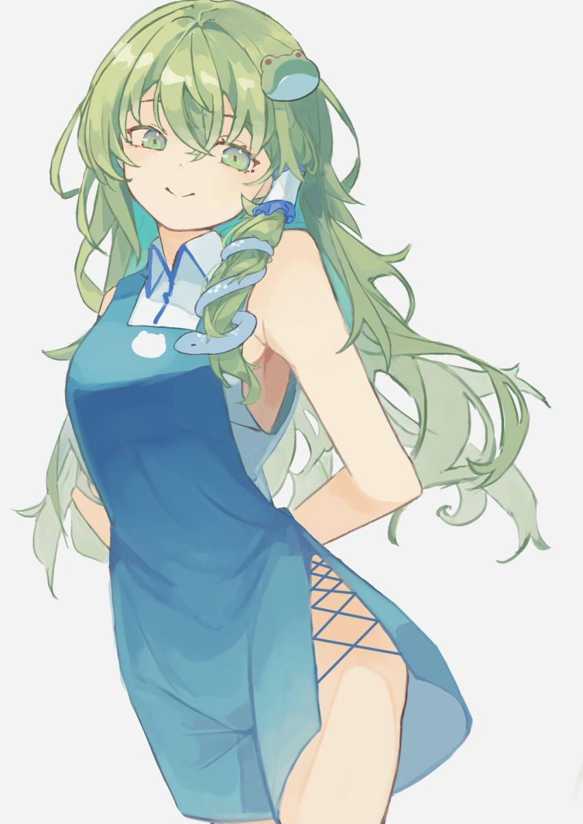 1girl adapted_costume armpit_crease arms_behind_back bare_shoulders blue_dress closed_mouth collared_shirt commentary_request cowboy_shot dress frog_hair_ornament green_eyes green_hair grey_background hair_ornament highres hinataku1222 kochiya_sanae long_hair looking_at_viewer shirt simple_background sleeveless sleeveless_dress sleeveless_shirt smile snake_hair_ornament solo thighs touhou very_long_hair white_shirt