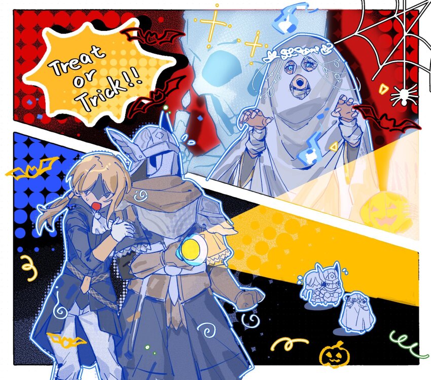 1boy 2girls armor ascot black_background black_jacket blonde_hair blue_background blue_eyes breastplate brown_gloves brown_scarf covered_eyes covered_face cowboy_shot doll_joints duchess_(elden_ring) elden_ring elden_ring_nightreign english_text flashlight ghost_costume gloves hands_up helmet highres holding holding_flashlight jacket joints long_hair long_sleeves multiple_girls open_mouth pants pauldrons ponytail red_background revenant_(elden_ring) scarf shoulder_armor skeleton standing white_ascot white_gloves white_pants wide_sleeves winged_helmet wylder_(elden_ring) ya_la16638