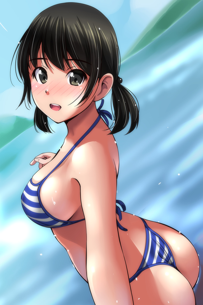 1girl absurdres ass bare_shoulders bikini black_hair blue_bikini blue_sky blurry blurry_background blush breasts brown_eyes camera clear_sky day depth_of_field dutch_angle fingernails full-face_blush highres hill holding large_breasts looking_at_viewer matsunaga_kouyou ocean open_mouth original partially_submerged selfie short_twintails sky smile solo standing striped_bikini striped_clothes sunlight swimsuit teeth twintails upper_teeth_only wedgie white_bikini