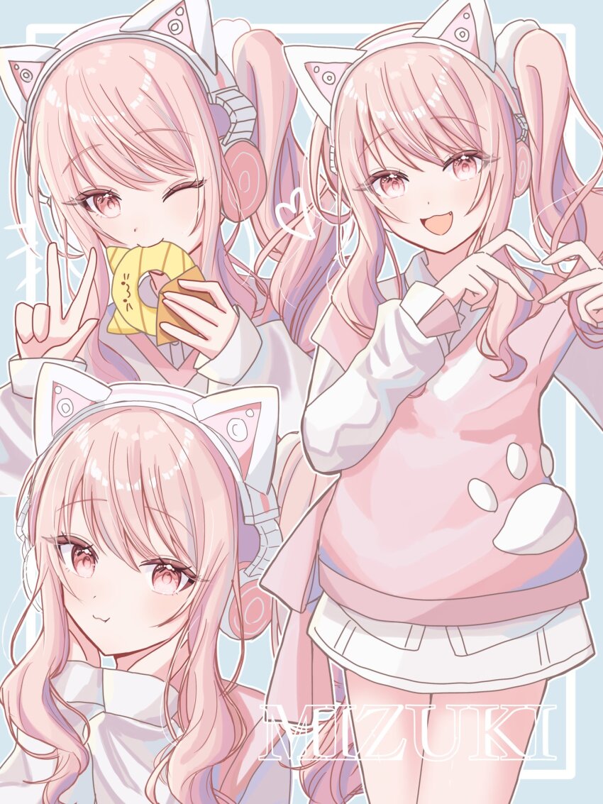 1other akiyama_mizuki animal_ear_headphones animal_ears cat_ear_headphones character_name eating fake_animal_ears headphones heart heart_hands highres looking_at_viewer nabi_(mabinabi0625) other_focus pink_eyes pink_hair project_sekai solo thighs w