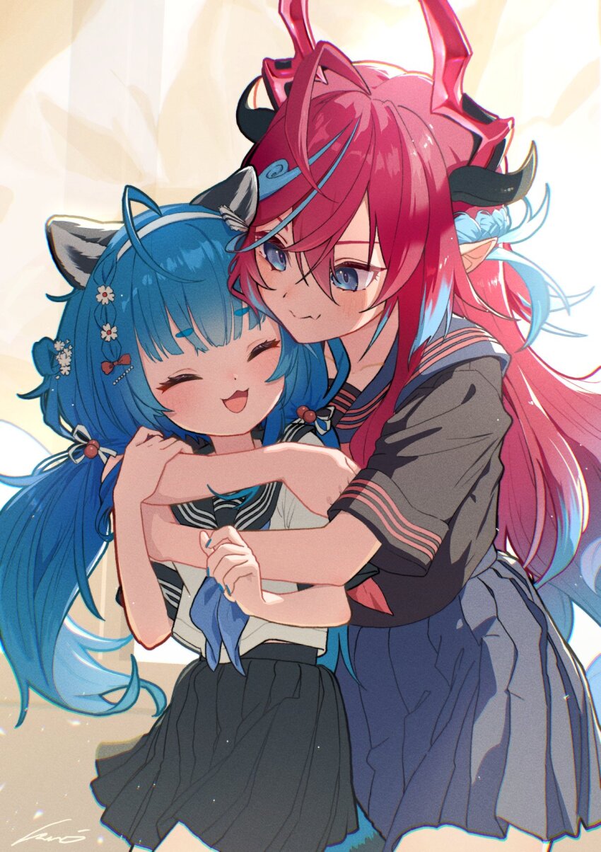 2girls :3 ahoge animal_ears black_sailor_collar black_shirt black_skirt blue_hair blue_nails blue_neckerchief blue_sailor_collar blue_skirt bow braid chromashift closed_mouth commentary_request commission dragon_girl dragon_horns eyelashes fang flower hair_bow hair_flower hair_ornament hair_ribbon hairband highres horns houkou_illust hug kai_saikota long_hair multicolored_hair multiple_girls nail_polish neckerchief open_mouth pointy_ears poko_rakun raccoon_ears raccoon_girl red_bow red_hair red_neckerchief ribbon sailor_collar school_uniform serafuku shirt short_sleeves skeb_commission skin_fang skirt smile streaked_hair twintails two-tone_hair virtual_youtuber white_hairband white_ribbon white_shirt