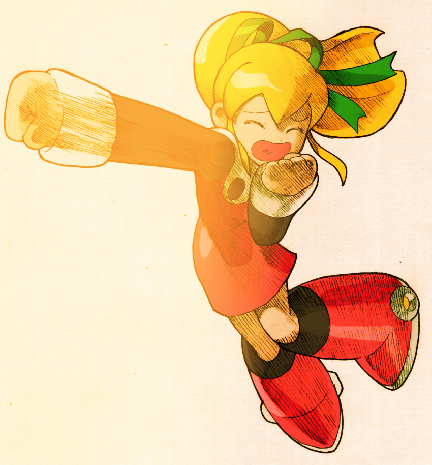 1girl android arm_up bengus blonde_hair blue_eyes boots capcom closed_eyes dress full_body game_cg green_ribbon hair_ribbon highres knee_boots legs_up long_hair long_sleeves marvel_vs._capcom marvel_vs._capcom_2 mechanical_boots mechanical_legs mega_man_(classic) mega_man_(series) non-web_source official_art open_mouth outstretched_arm ponytail punching red_boots red_dress red_skirt ribbon robot_girl roll_(mega_man) scan scared sidelighting simple_background skirt solo