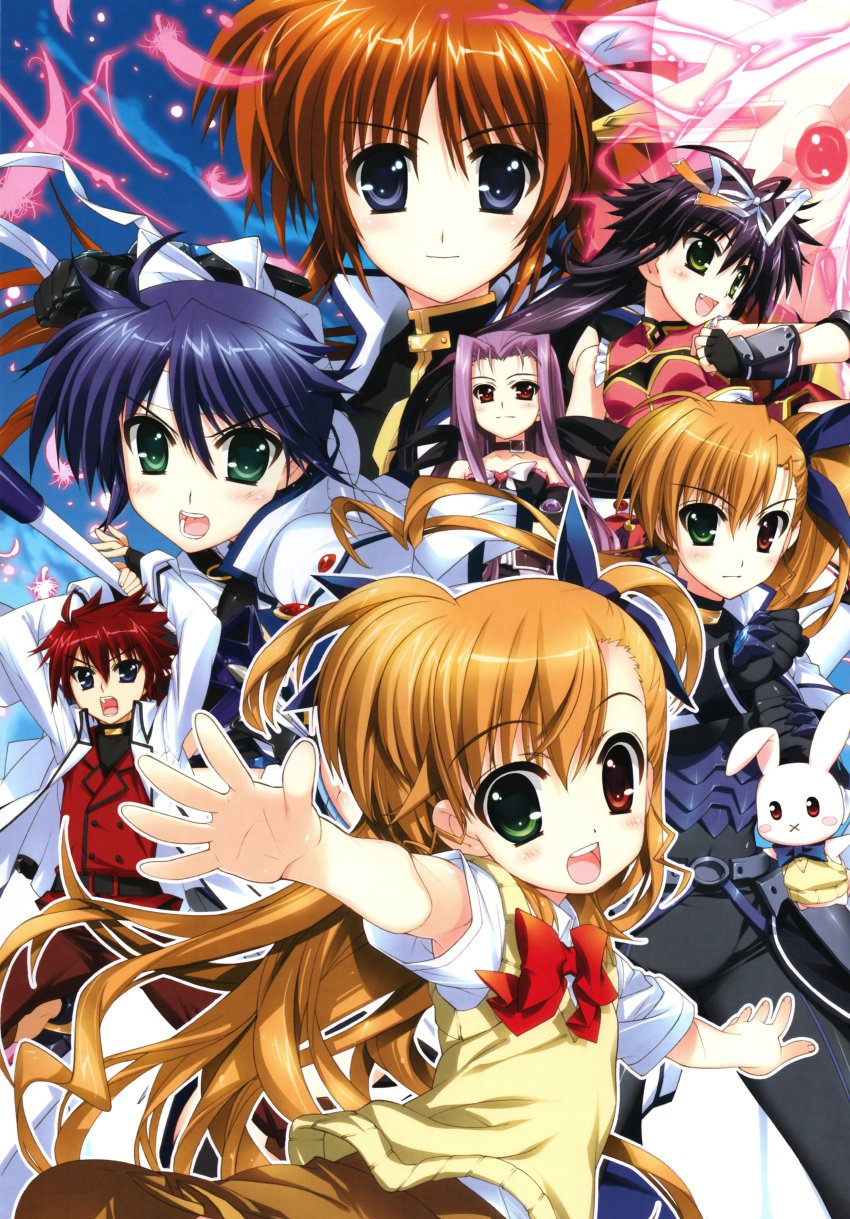 10s 1boy 6+girls absurdres blonde_hair blue_eyes bow dual_persona erio_mondial fang fujima_takuya green_eyes heterochromia highres lutecia_alpine lyrical_nanoha magical_boy magical_girl mahou_shoujo_lyrical_nanoha mahou_shoujo_lyrical_nanoha_vivid multiple_girls open_mouth purple_eyes purple_hair raising_heart raising_heart_(exceed_mode) red_eyes red_hair rio_wezley sacred_heart school_uniform side_ponytail strada subaru_nakajima takamachi_nanoha takamachi_nanoha_(exceed_mode) vivio